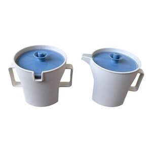 Vintage TUPPERWARE Push Button Sugar Bowl And Creamer Set USA Blue Top